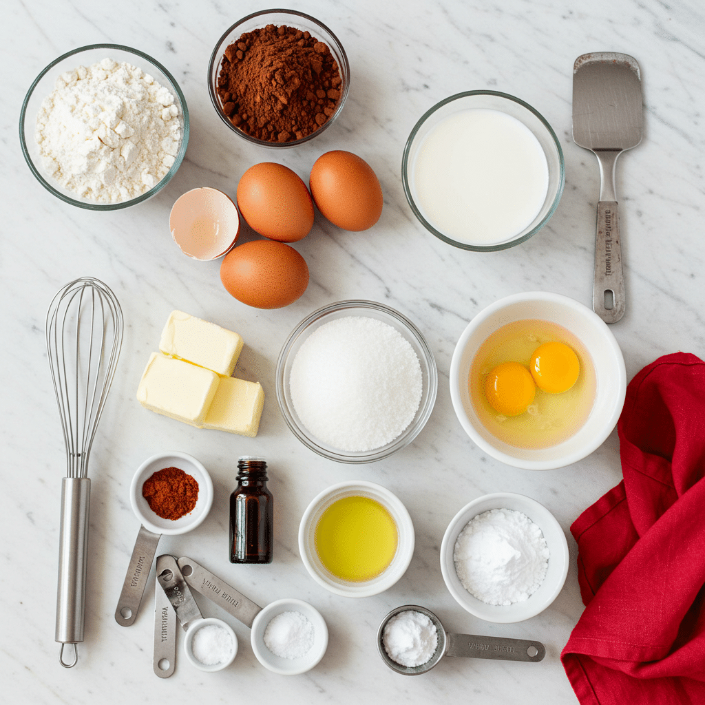 red velvet cake ingredients top view