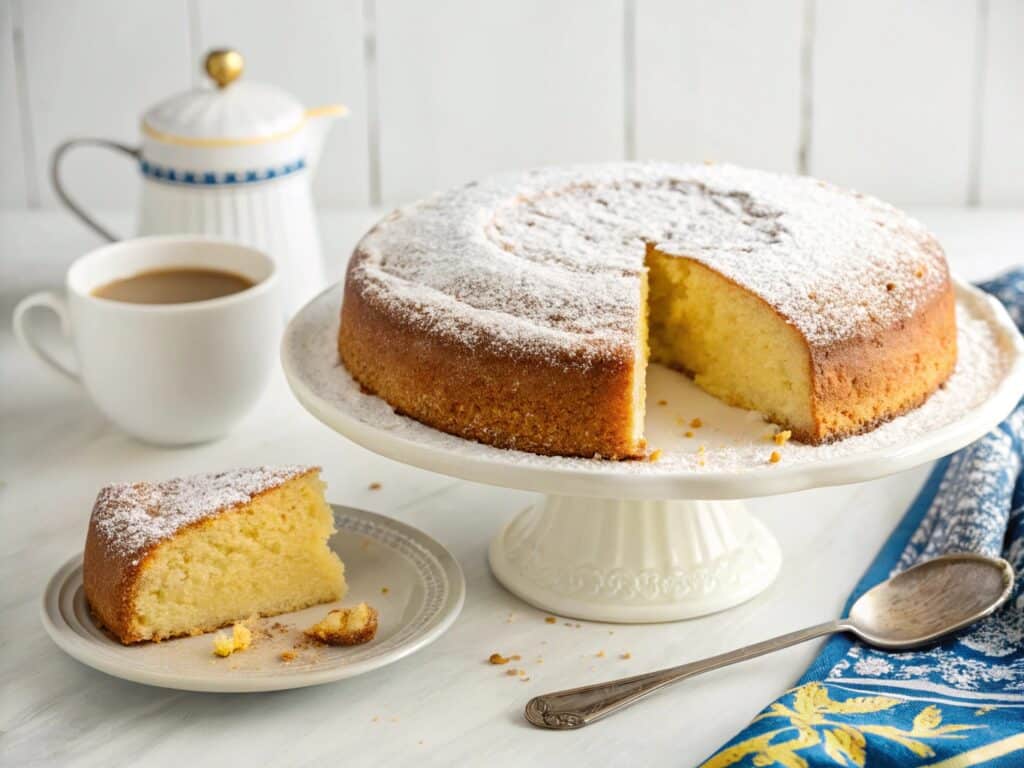 Traditional Vintage Swedish Cake Recipe with cardamom spicing, golden crust, and powdered sugar dusting on white cake stand