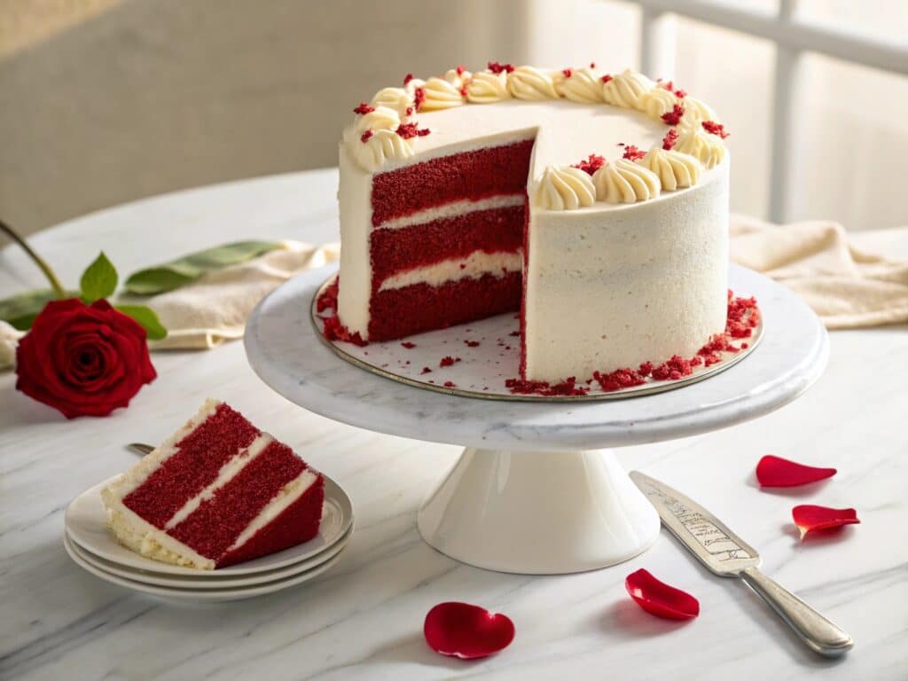 Red velvet birthday cake ingredients laid out including flour, cocoa powder, buttermilk, eggs, and cream cheese