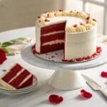Red velvet birthday cake ingredients laid out including flour, cocoa powder, buttermilk, eggs, and cream cheese