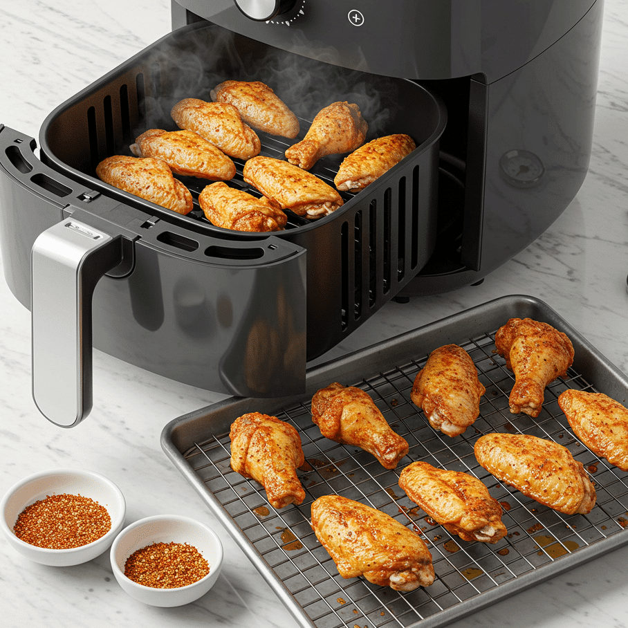 chicken wings cooking in air fryer basket
