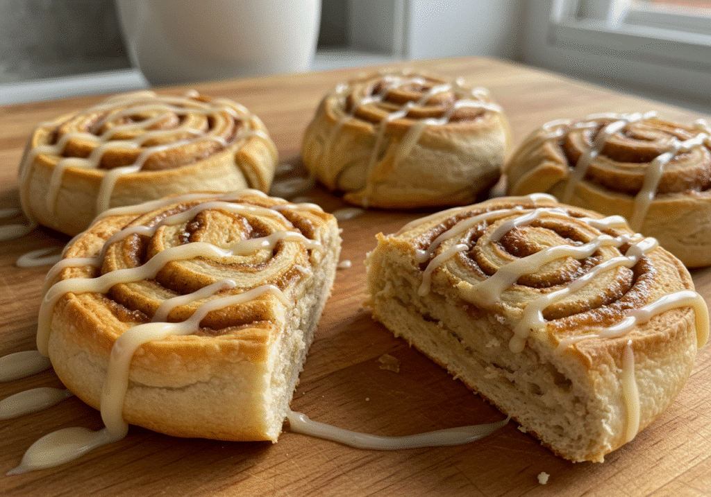 Tortilla Cinnamon Rolls topped with glaze on wooden table