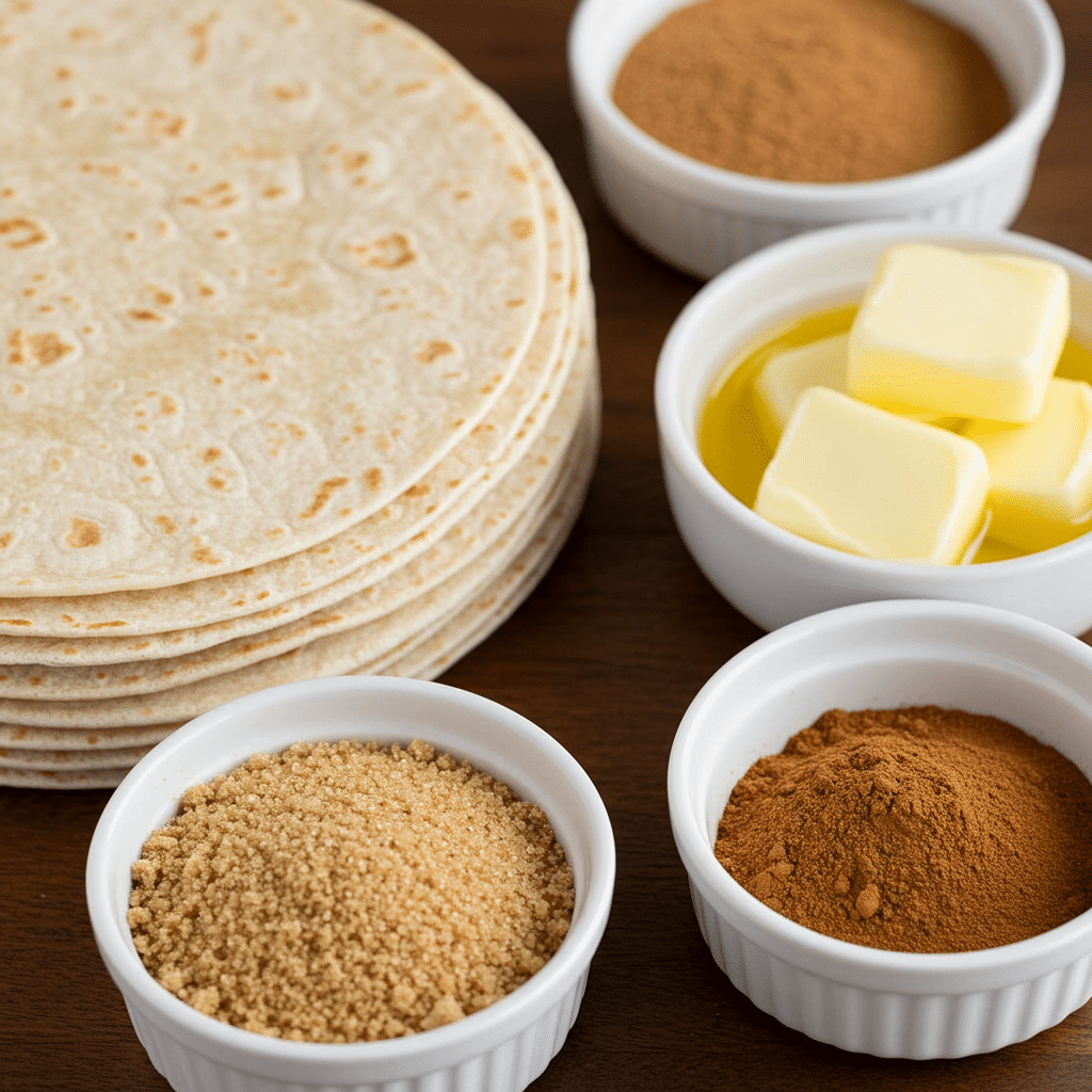  Tortilla cinnamon rolls ingredients laid out on kitchen counter