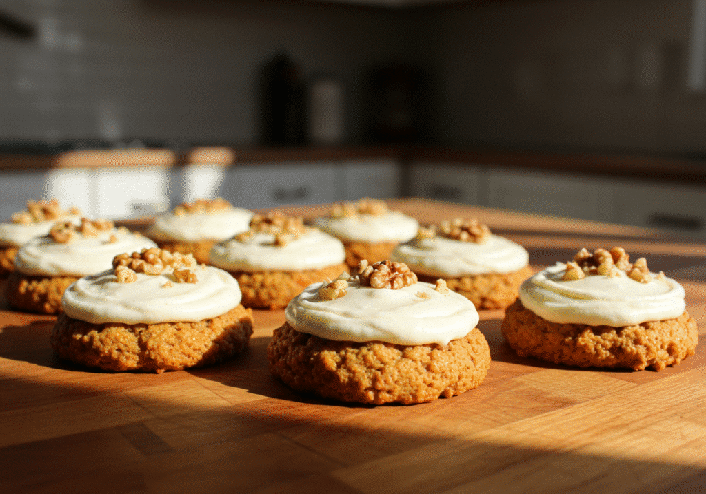 Close-up of carrot cake cookies recipe with cream cheese frosting