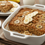 Banana Bread Baked Oatmeal in a ceramic dish