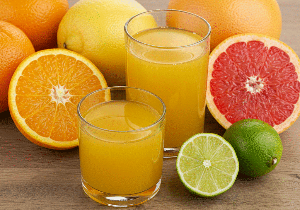 Fresh mixed Juice Citrus recipe in a glass with lemon, orange, and grapefruit