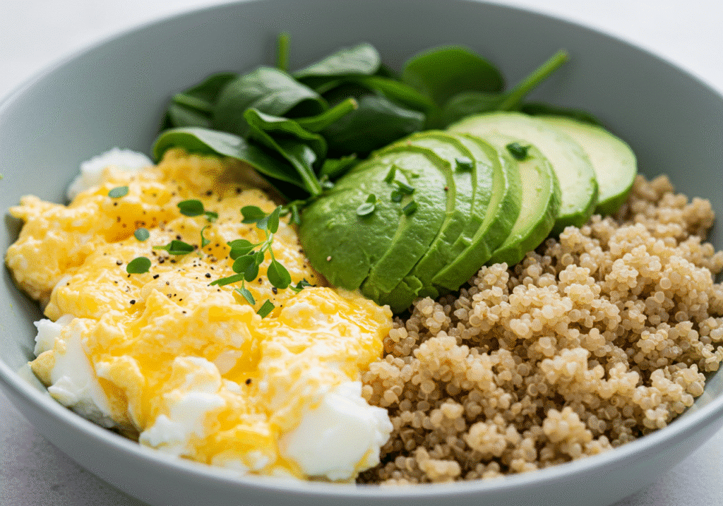 high protein breakfast bowl with eggs and avocado