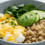 high protein breakfast bowl with eggs and avocado