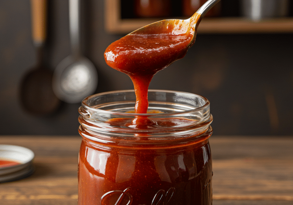 3 ingredient BBQ sauce in a mason jar with spoon