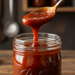 3 ingredient BBQ sauce in a mason jar with spoon