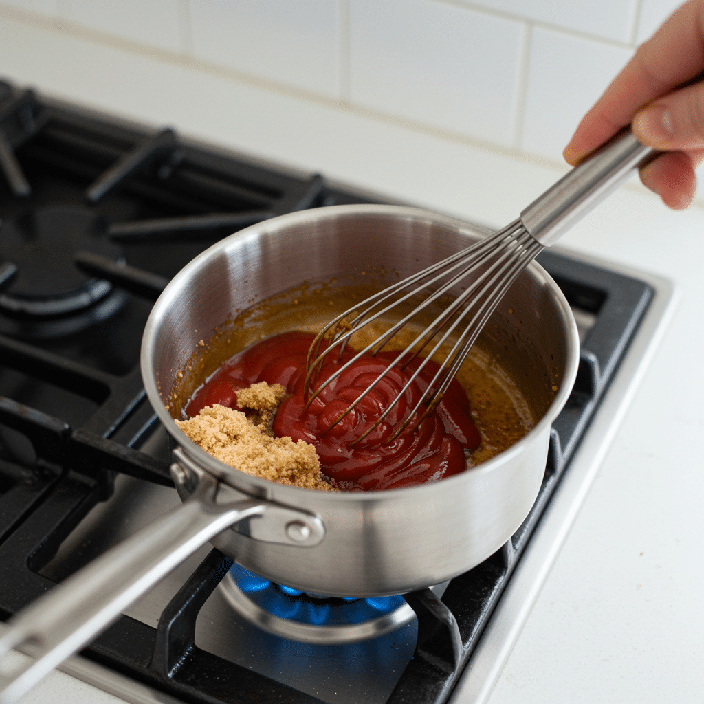 Whisking 3 ingredient BBQ sauce in saucepan