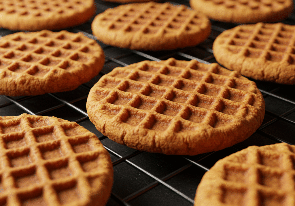 Waffle cookies cooling on a rack after pressing