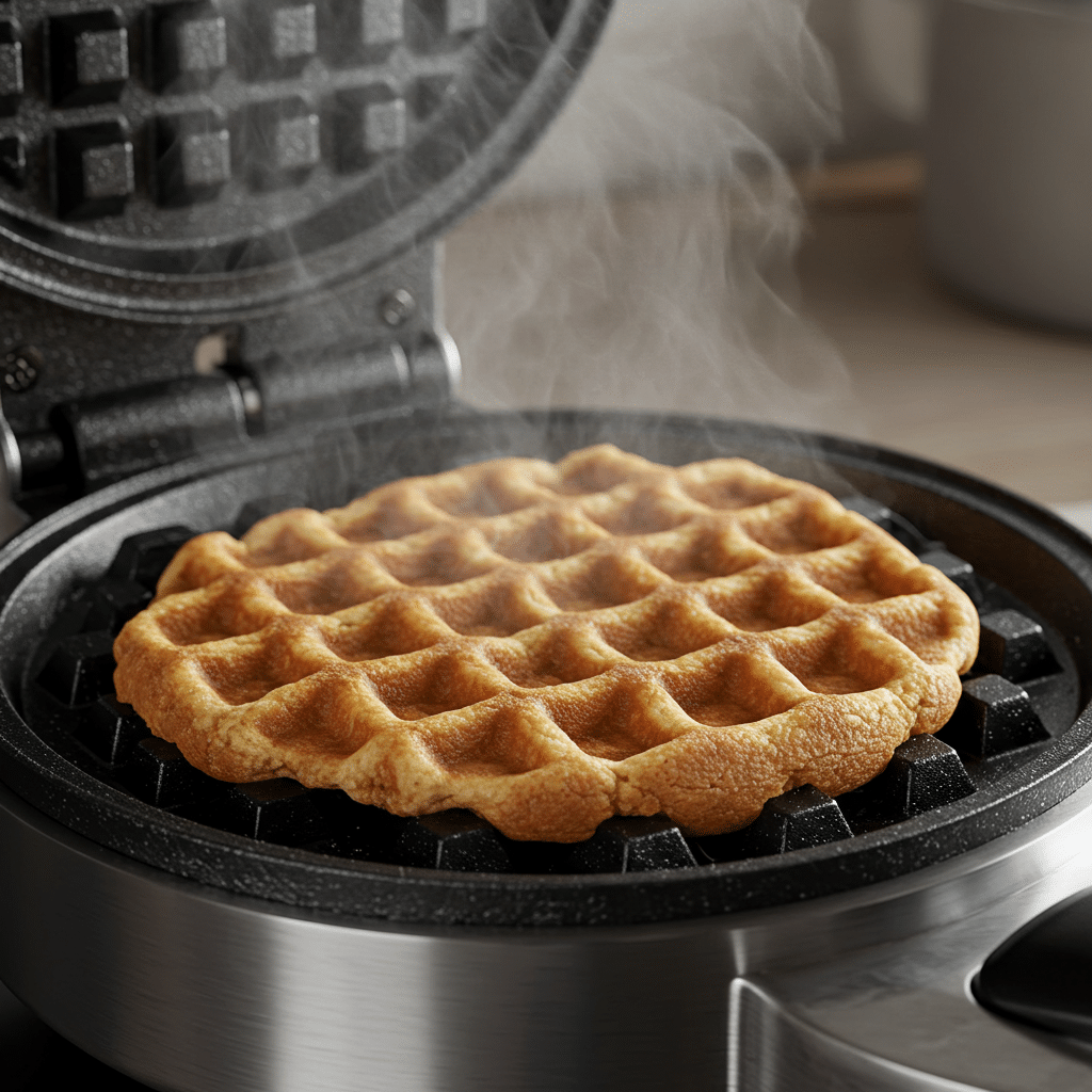 Waffle cookie dough being cooked in a waffle maker