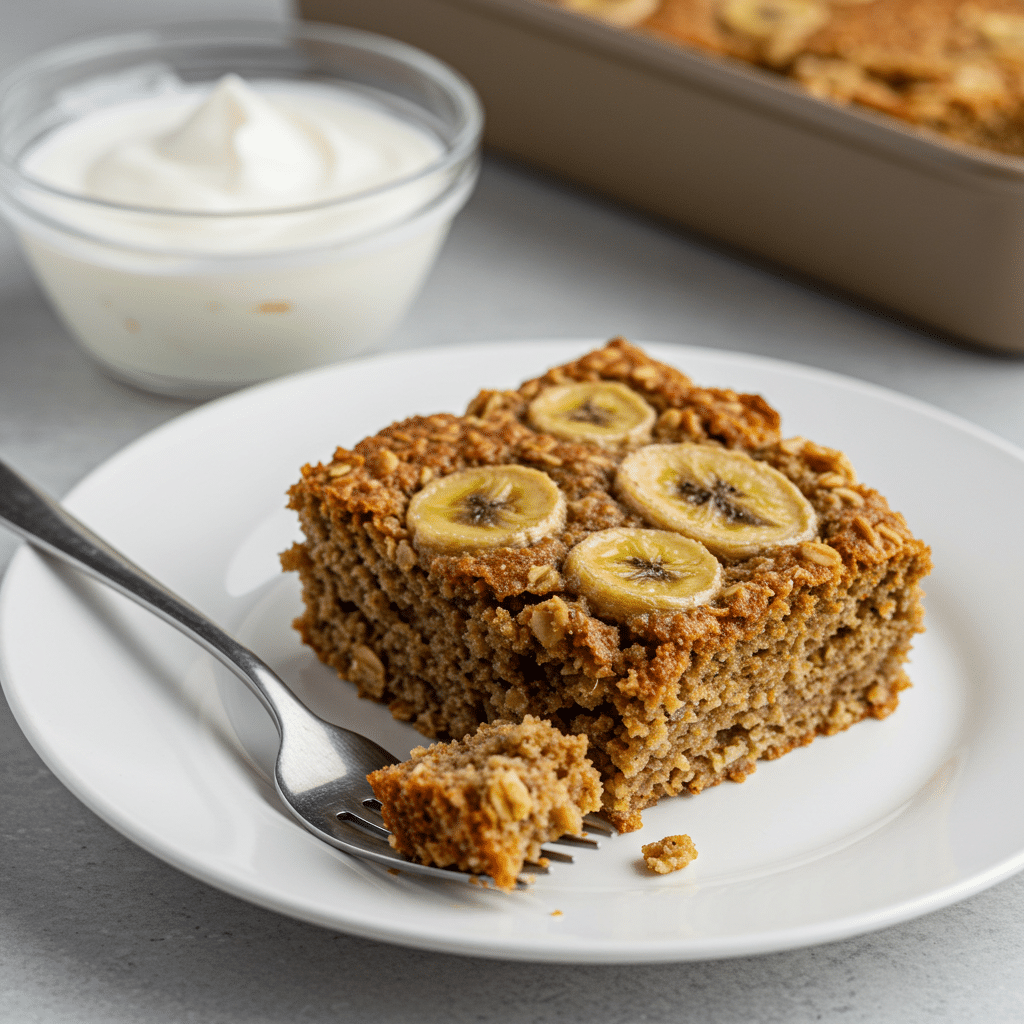 Banana bread baked oatmeal slices on a plate