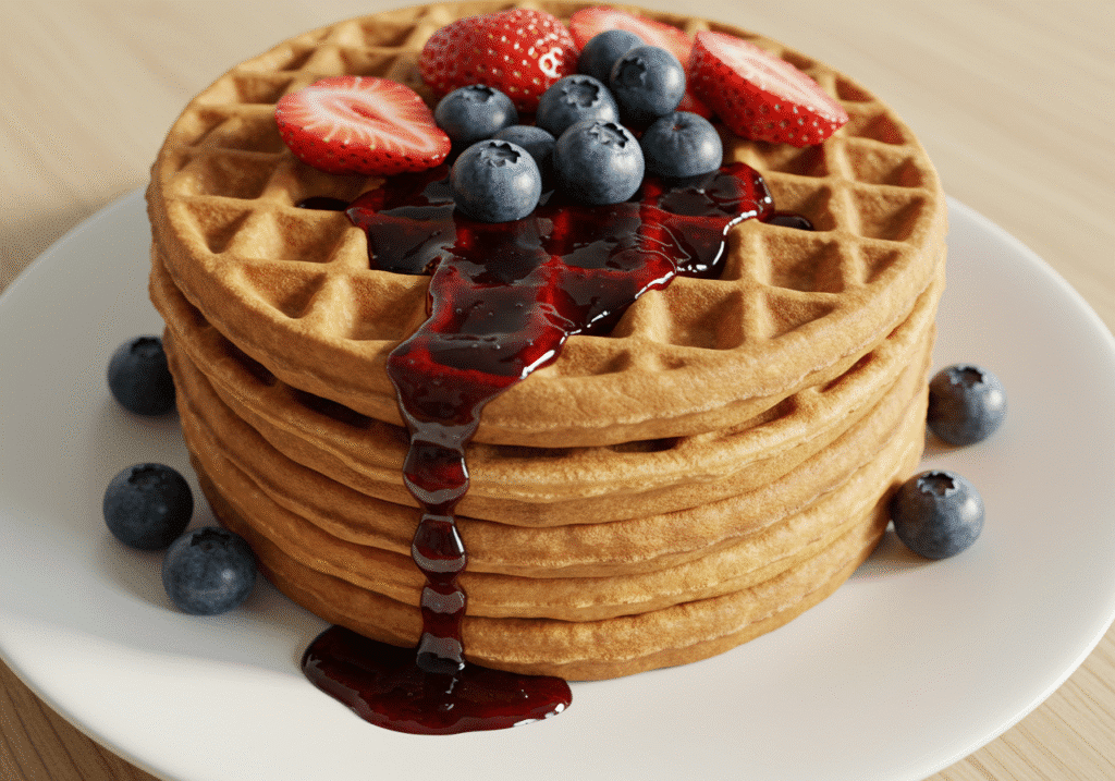 blueberry waffle with syrup and berries