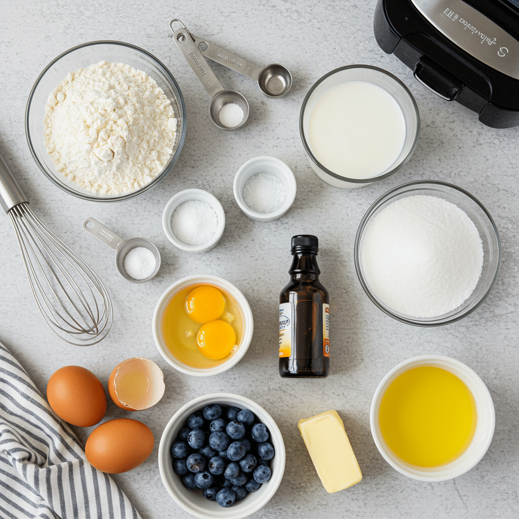 blueberry waffle ingredients flat lay