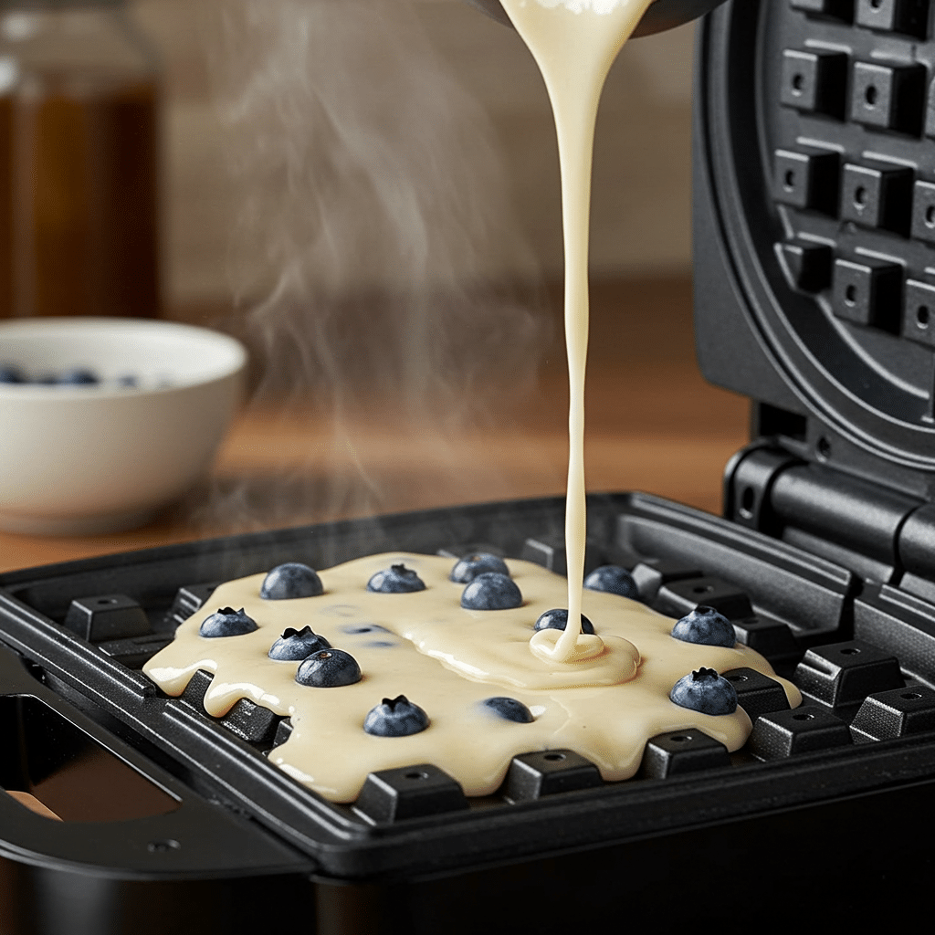 pouring blueberry waffle batter