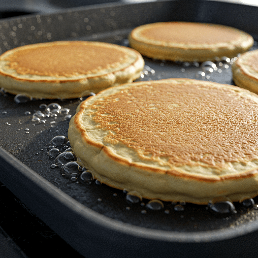 Pancakes cooking with bubbles on griddle
