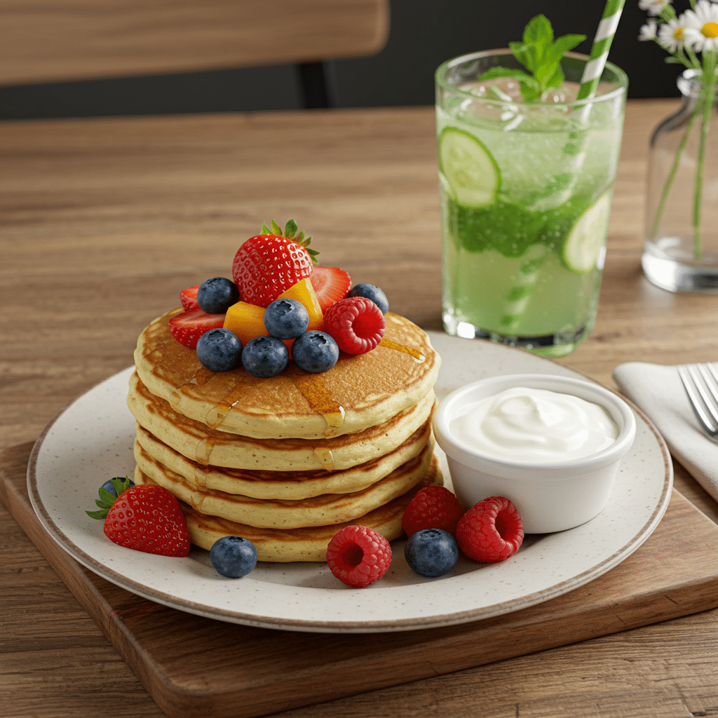 Served buttermilk pancakes with fruit and yogurt