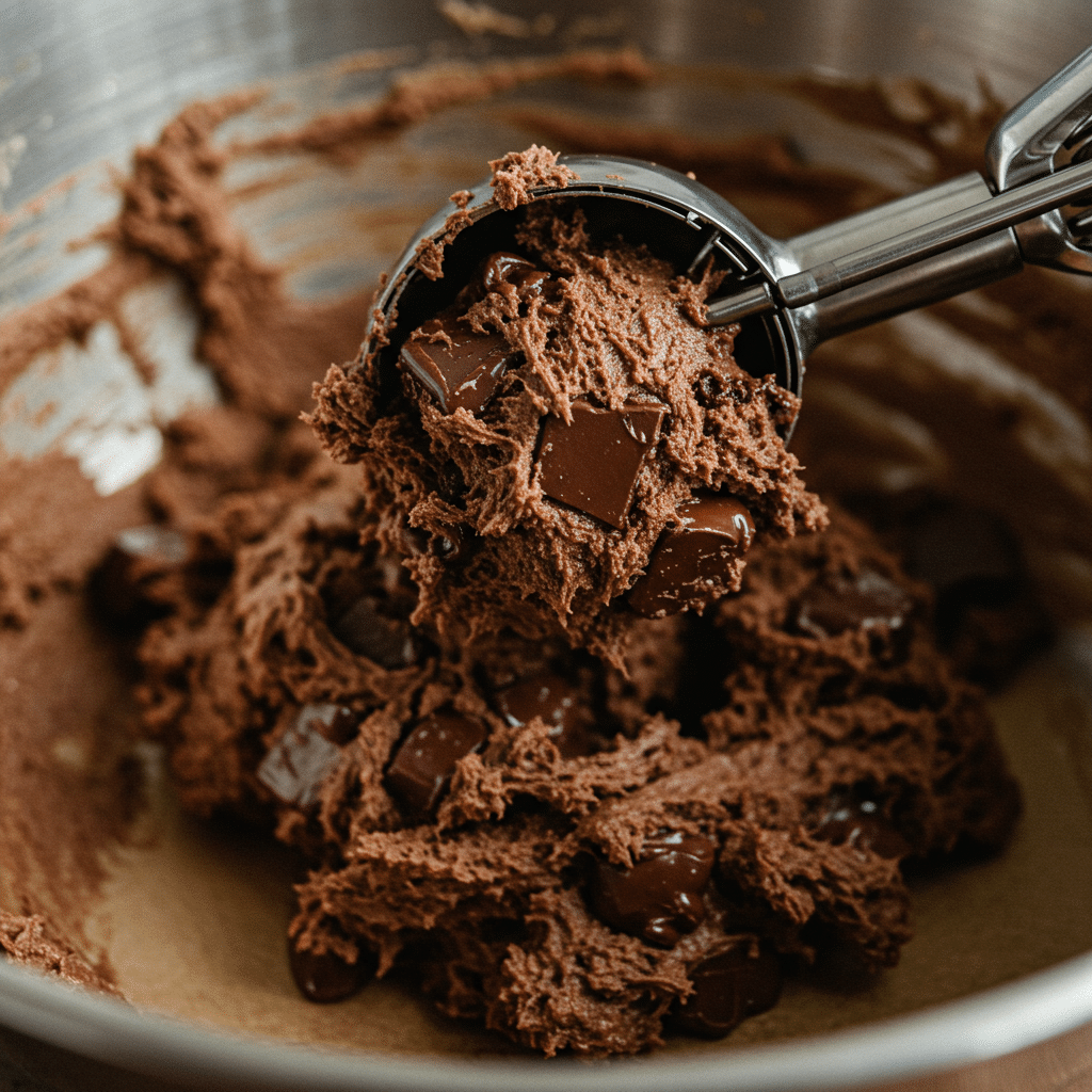 Scooping double chunk chocolate cookie dough