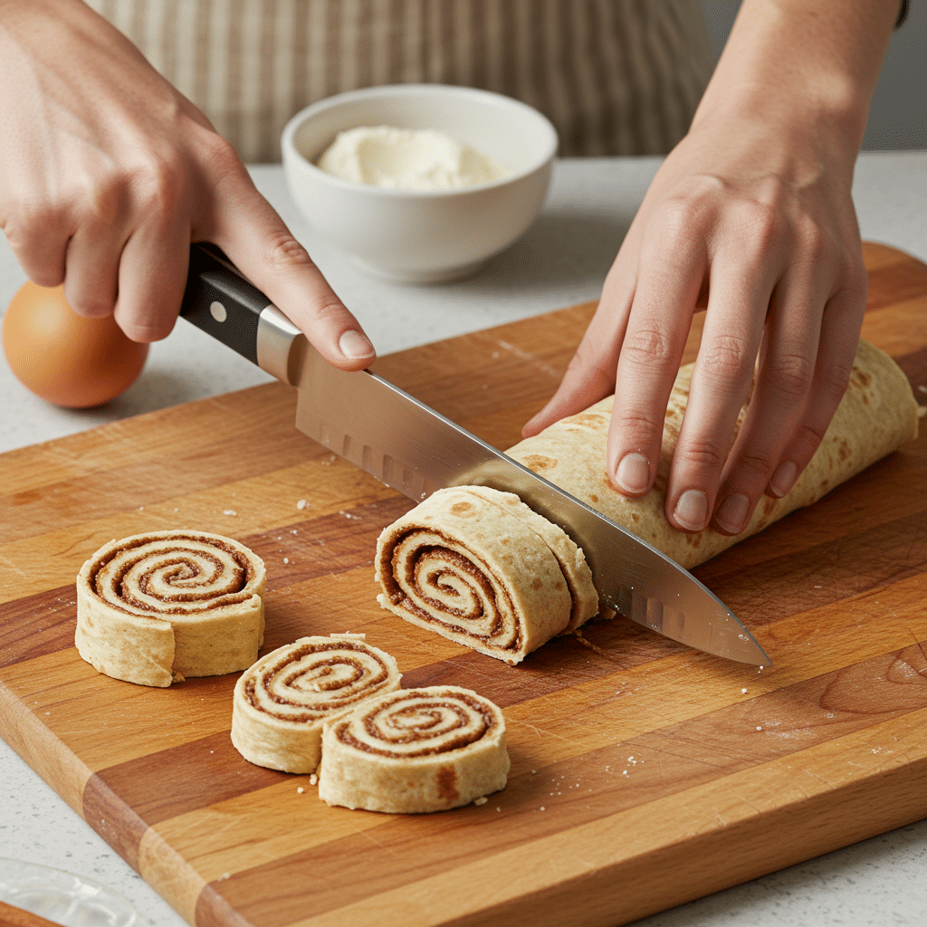 Step-by-step process of making tortilla cinnamon rolls showing spreading, rolling, and slicing techniques on wooden cutting board