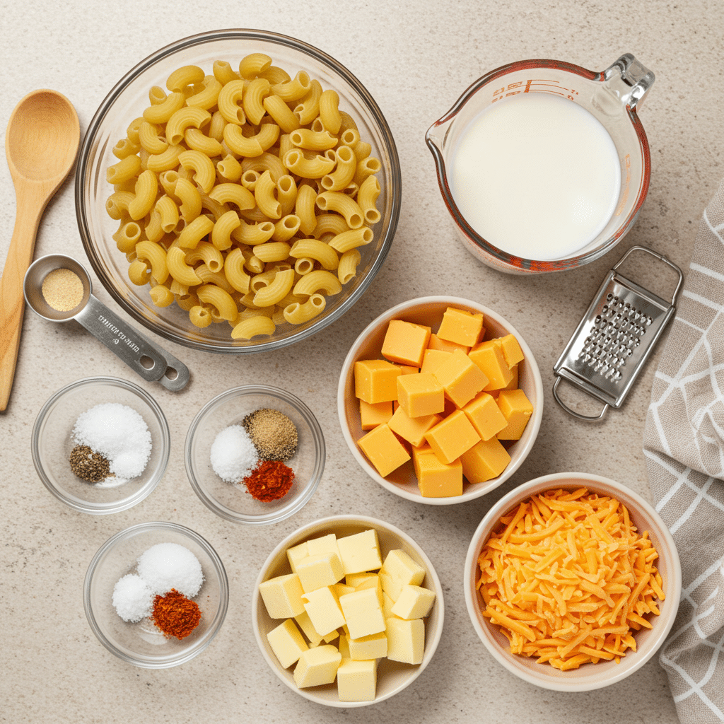  Ingredients for Velveeta mac and cheese on a counter