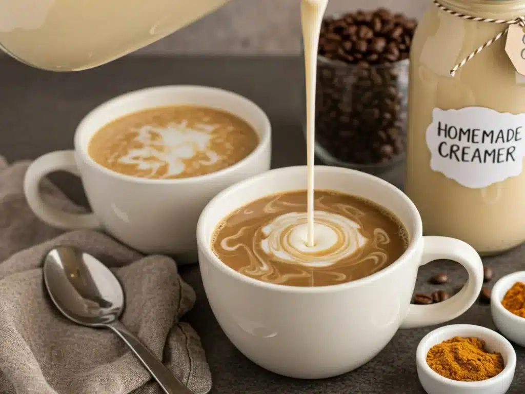 homemade coffee creamer in glass jar beside hot coffee