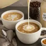 homemade coffee creamer in glass jar beside hot coffee