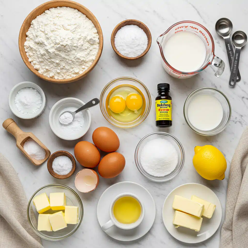 Baking ingredients for cake Heart Cake including flour, eggs, butter, cream cheese, lemons, and pink food coloring arranged on marble surface