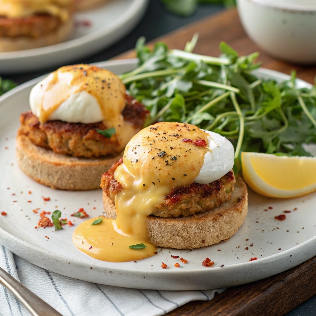 Fully assembled Crab Cake Eggs Benedict