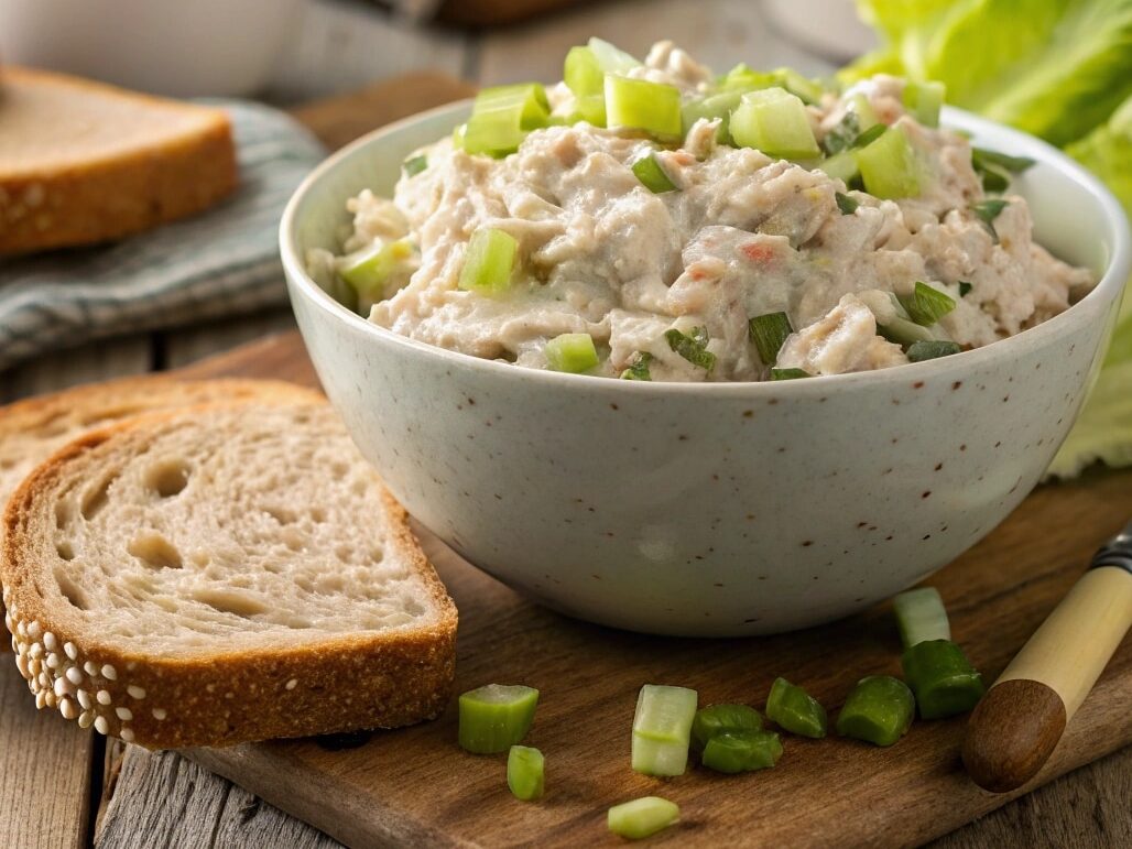 easy tuna salad with mayo, celery, and relish