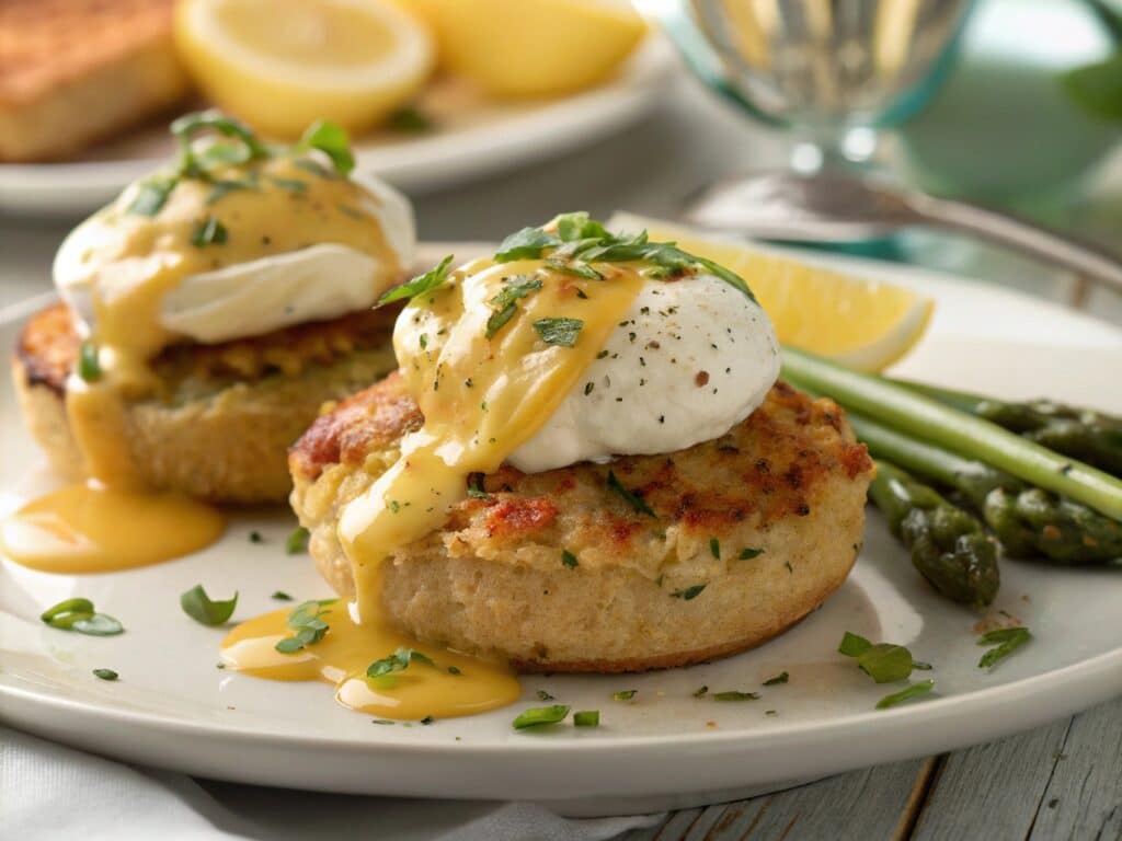 Crab Cake Eggs Benedict with poached egg and hollandaise