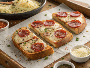 Texas toast pizza recipe with melted mozzarella and pepperoni