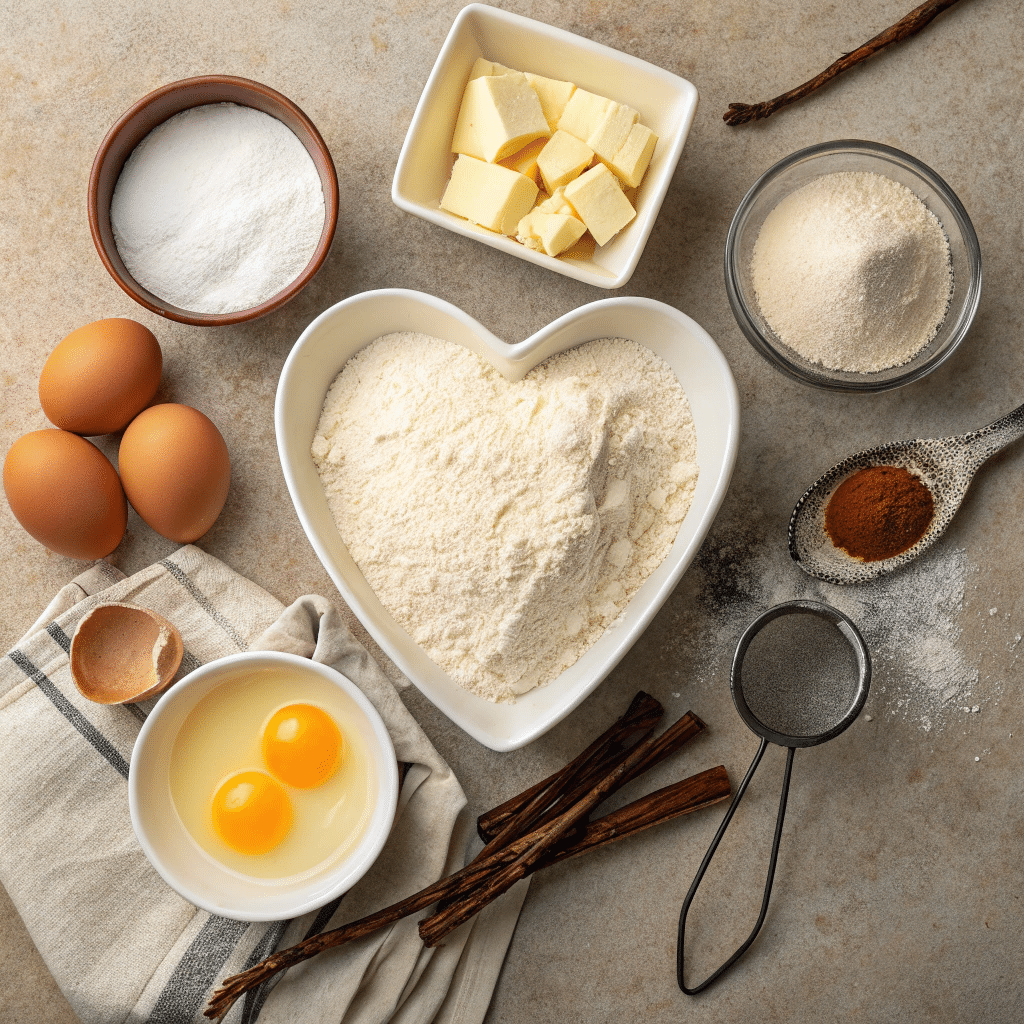 cake heart cake ingredients on kitchen counter