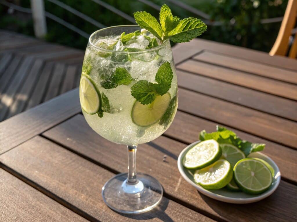 Halal Hugo Spritz mocktail with mint and lime