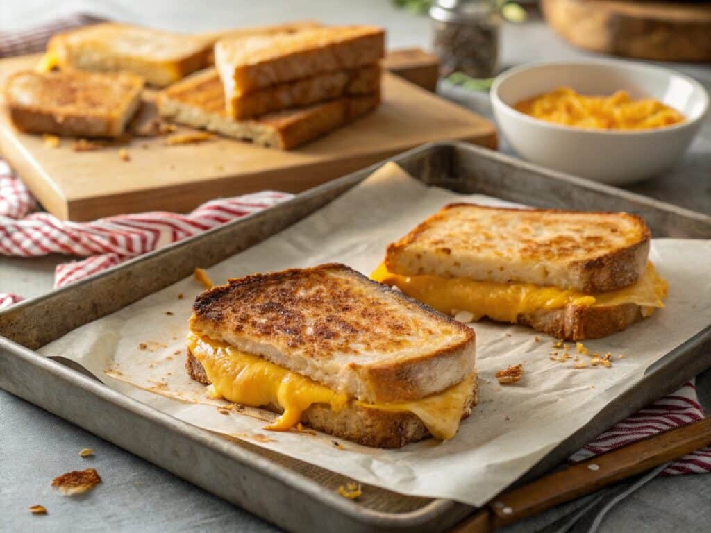 Oven-baked grilled cheese sandwiches on tray