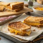 Oven-baked grilled cheese sandwiches on tray
