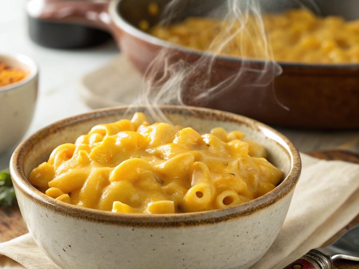 Velveeta mac and cheese in a bowl with creamy cheese sauce