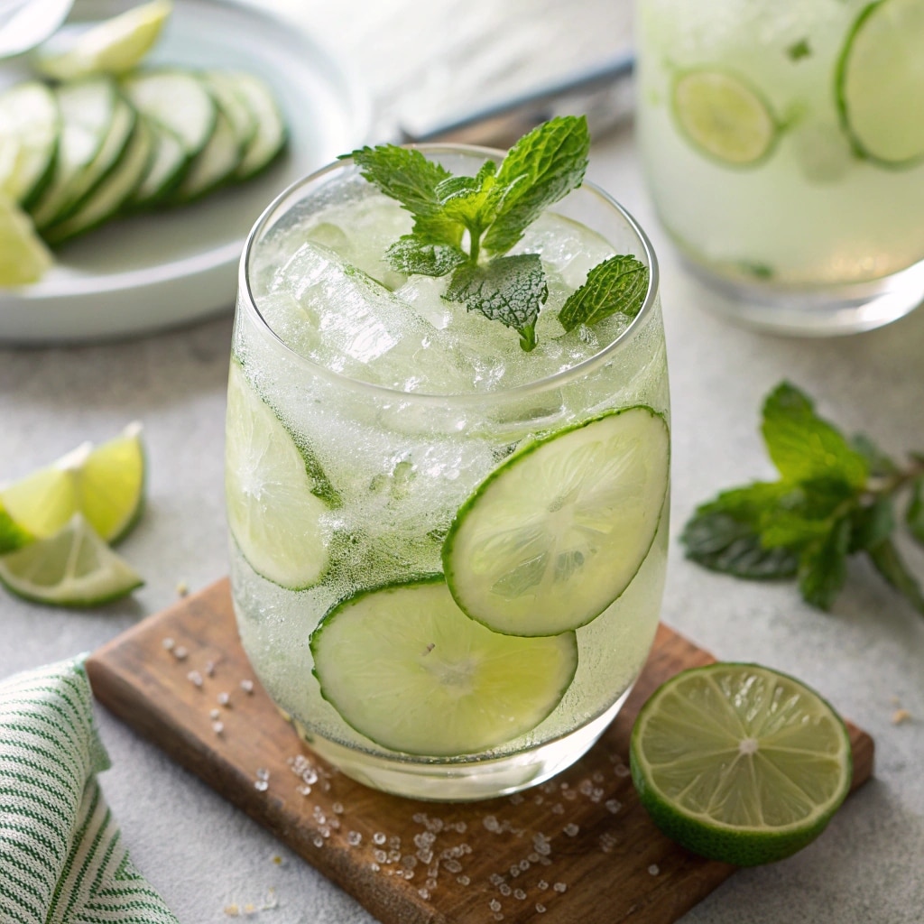 healthy easy mocktail recipe with cucumber and lime