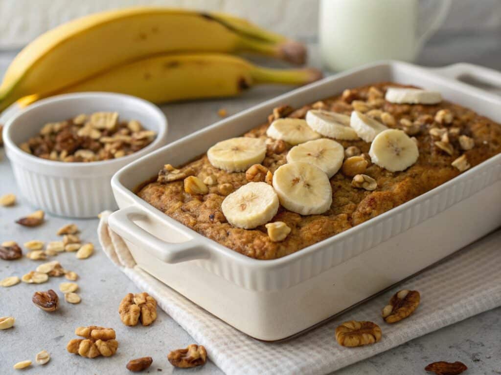 Banana Bread Baked Oatmeal in a ceramic dish