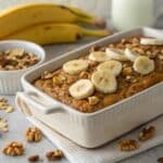 Banana Bread Baked Oatmeal in a ceramic dish