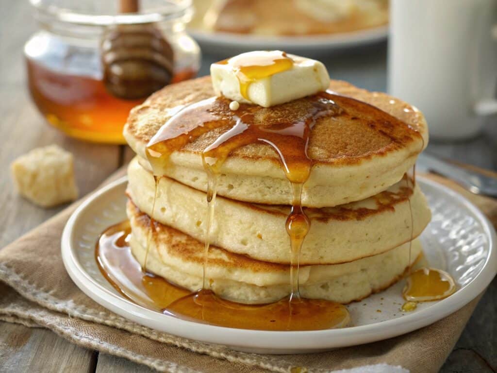 Stack of fast shake buttermilk pancakes with syrup