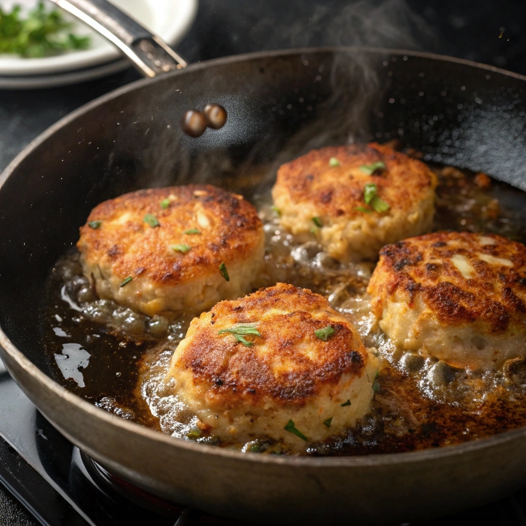 Crispy crab cakes frying in skillet