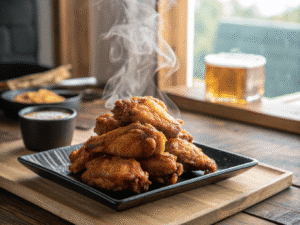 crispy chicken wings in air fryer on black plate