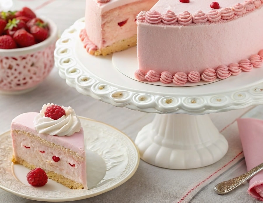 Romantic dessert table with cake Heart Cake on pedestal stand, plated slice on vintage china, roses and champagne glasses