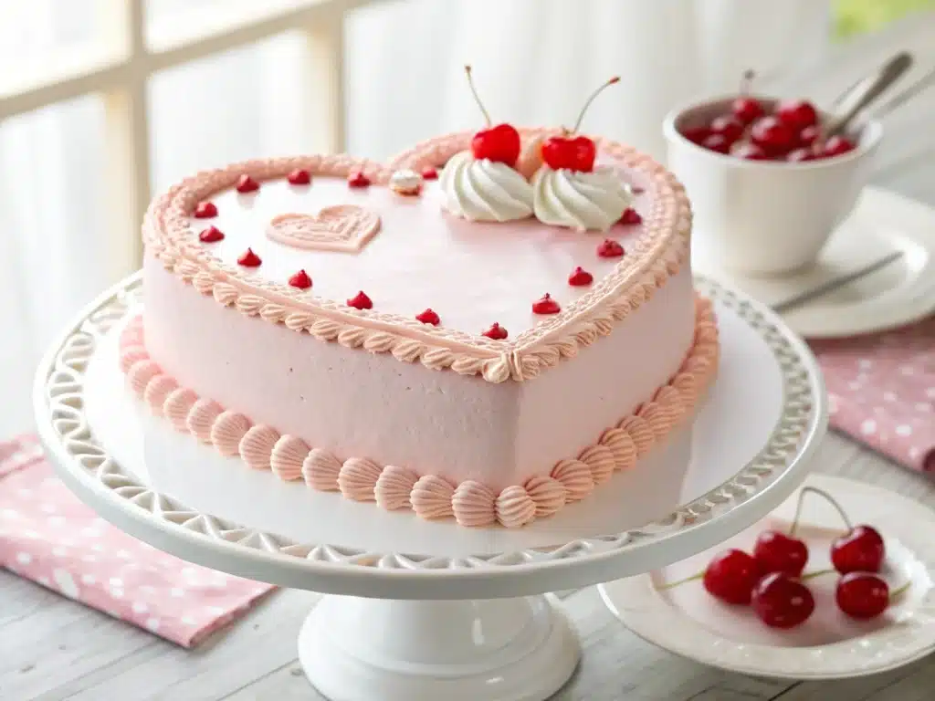 Homemade cake Heart Cake with pink frosting, white decorative piping, and maraschino cherries on a white cake stand