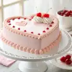 Homemade cake Heart Cake with pink frosting, white decorative piping, and maraschino cherries on a white cake stand