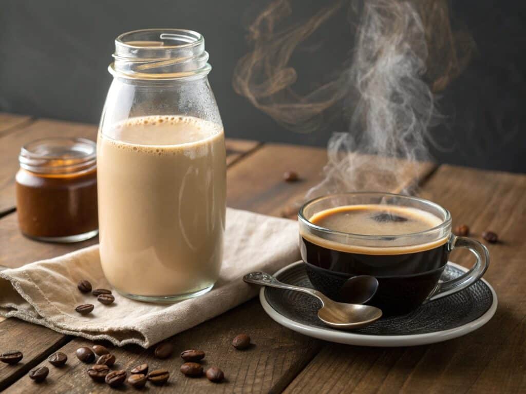 homemade coffee creamer in glass jar beside hot coffee
