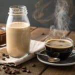homemade coffee creamer in glass jar beside hot coffee