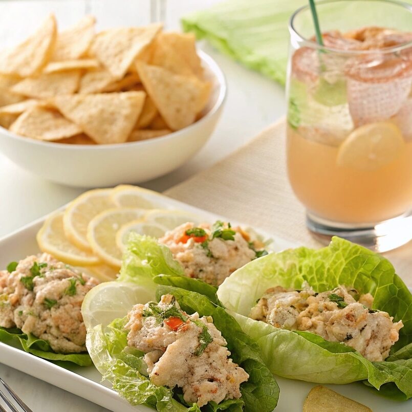 tuna salad in lettuce wraps with yuca chips